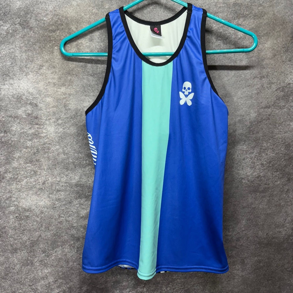 Betty Designs Women Tri Top Size M Blue Teal Skull Butterfly Triathlon Tank B201